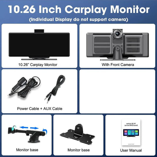 Mandotos 4K 10.26-inch mirror dash cam with CarPlay and Android Auto, showing front view with sleek display and camera lens.