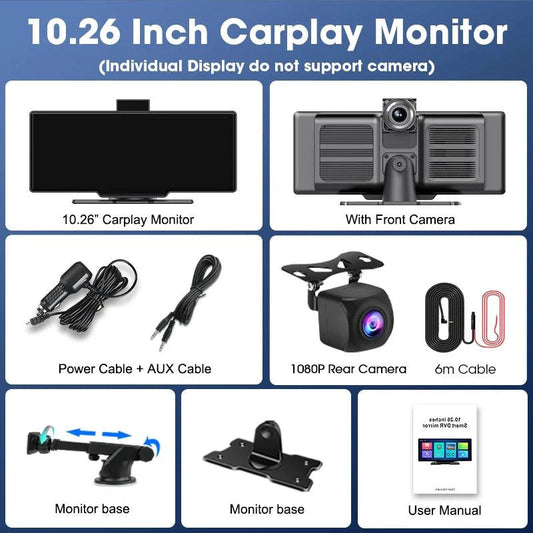 Mandotos 4K 10.26-inch mirror dash cam with Carplay and Android Auto, showing the reflective screen with dashboard view