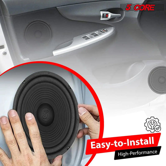 Pair of 8-inch MANDOTOS 5Core car subwoofer speakers with 500W peak power and 4 ohms impedance, designed for bass enhancement.