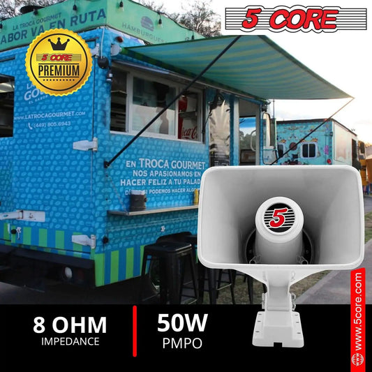Mandotos 5Core Universal PA Horn Speaker 50W, 6x4 inch, with durable black casing and mounting hardware for public address systems.