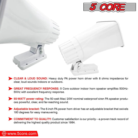 Mandotos 5Core Universal PA Horn Speaker 50W 6x4 mounted on a stand, designed for public address and audio amplification.