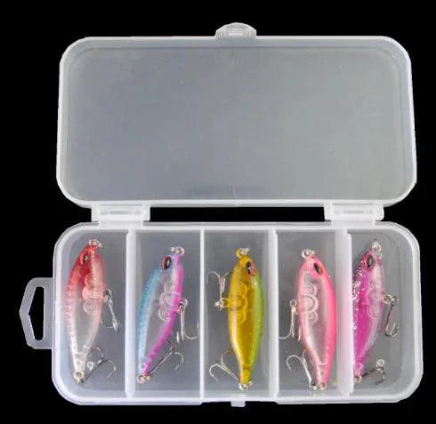 Set of five MANDOTOS Pro Angler Lures in various colors and sizes, designed for fishing enthusiasts.