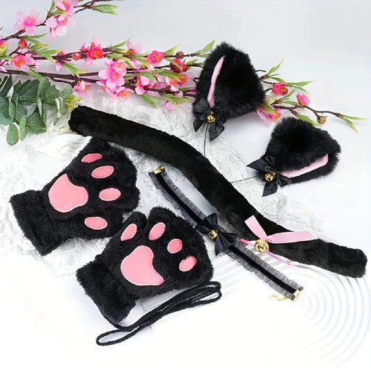 Mandotos 5-piece set includes cute cartoon cat paw gloves, fox ear headband, open finger gloves, and bell headband for winter wear.