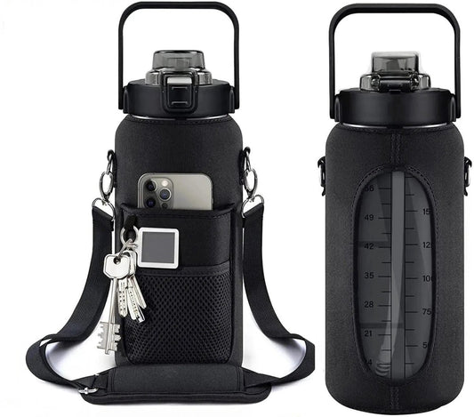 Large 64oz MANDOTOS motivational hydration bottle with measurement markings and flip-top lid for easy drinking.