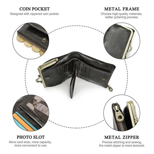 Mandotos authentic leather ladies' wallet showing multiple card slots and a zip coin compartment in brown leather style.