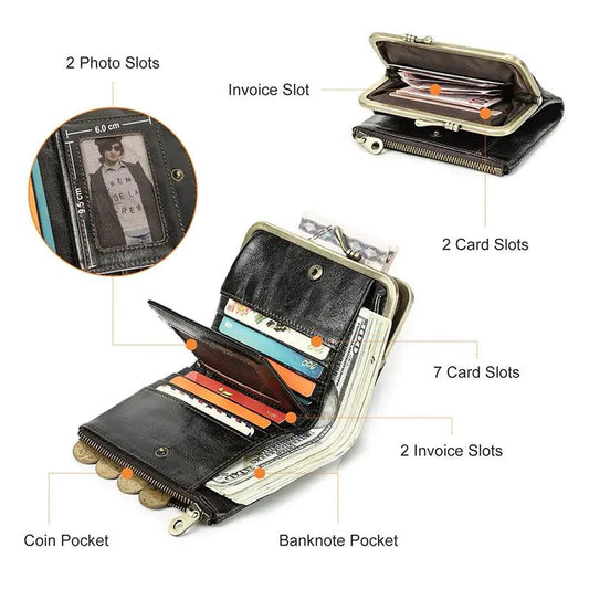 Mandotos authentic leather ladies' wallet with multiple card slots and a sleek design, showcasing quality craftsmanship.