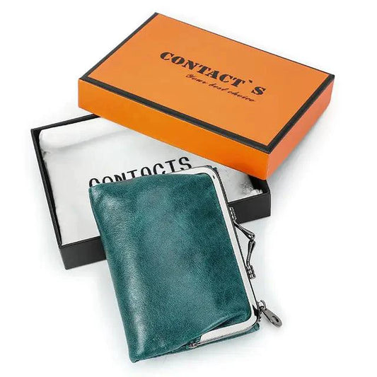 Mandotos authentic leather ladies' wallet showing multiple card slots, zipper compartment, and elegant brown finish.