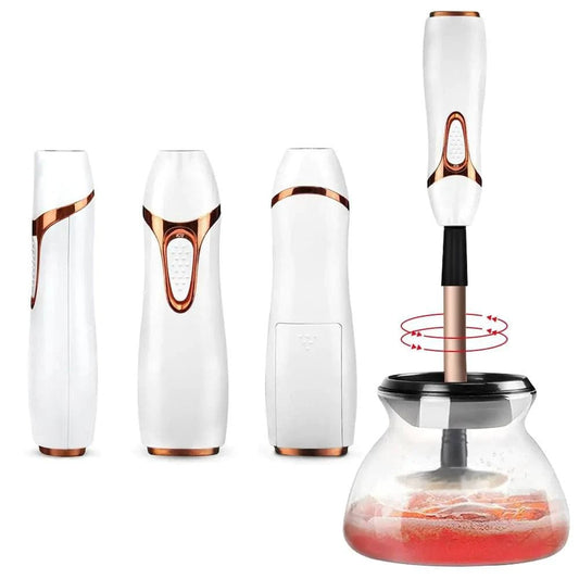 Mandotos automatic makeup brush cleaner with rotating brush and cleaning solution, compact device for easy brush cleaning.