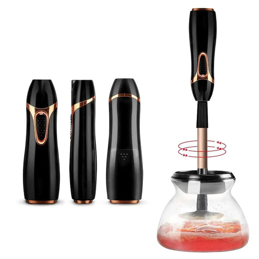 Mandotos automatic makeup brush cleaner device with rotating brushes for efficient, hands-free cleaning of makeup brushes.