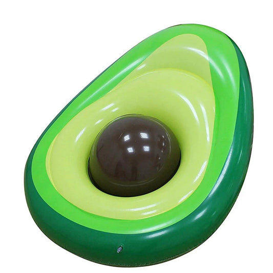 Mandotos avocado-shaped inflatable pool filled with water, featuring green and brown avocado design for outdoor summer fun.