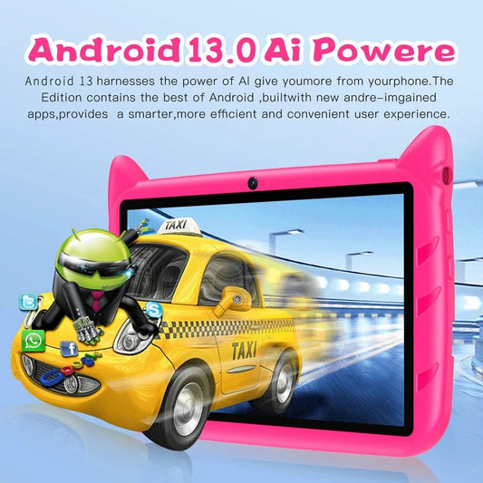 Mandotos BDF 7-inch Android 13 Kid Tablet with dual cameras, 4GB RAM, 64GB storage, 1TB expand, 5G WiFi, and child-friendly software.