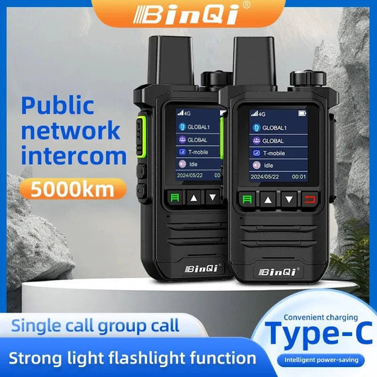 Mandotos BINQI-K6 4G POC walkie talkie with 5000km global range, rugged design, and large antenna for long-distance communication.
