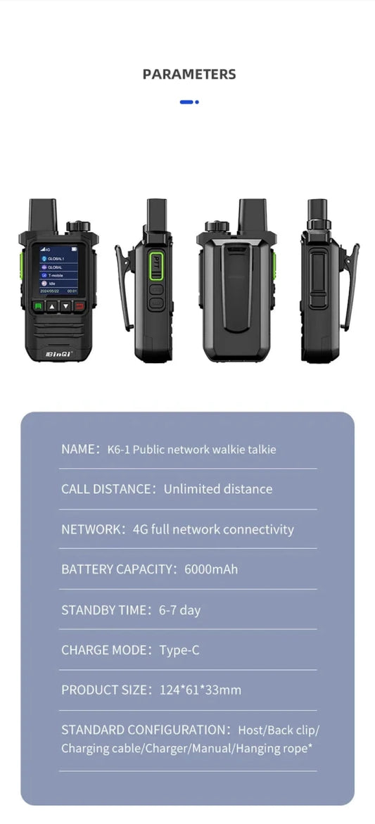 Mandotos BINQI-K6 4G POC Walkie Talkie with 5000km global range, handheld communication device with screen and buttons