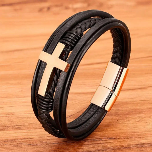 Close-up of the MANDOTOS Bonded Love Leather Bracelet featuring braided leather and metal clasp, stylish and durable accessory.