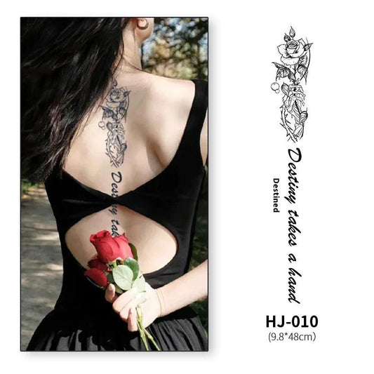 Mandotos botanical spine tattoo decal featuring intricate floral and leaf designs on clear adhesive backing.