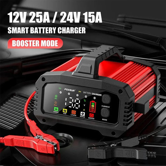 Mandotos portable smart car battery charger with 25A/15A for 12V-24V batteries, pulse repair, suitable for AGM, GEL, and LiFePo4.