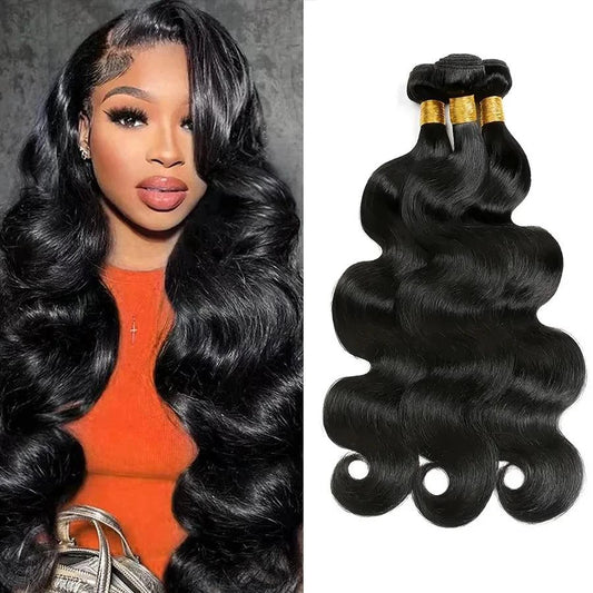 Three bundles of Brazilian Body Wave human hair extensions by MANDOTOS, showcasing smooth, wavy hair bundles for natural styling.