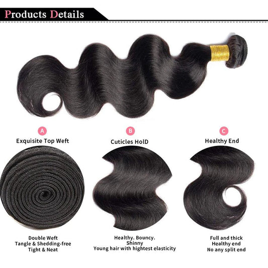 Mandotos Brazilian Body Wave Hair Bundles, 3-piece set of 100% human hair extensions with natural wave texture.