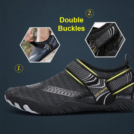 Mandotos breathable double buckle unisex water shoes with slip-on design, ideal for aquatic activities and beachwear.