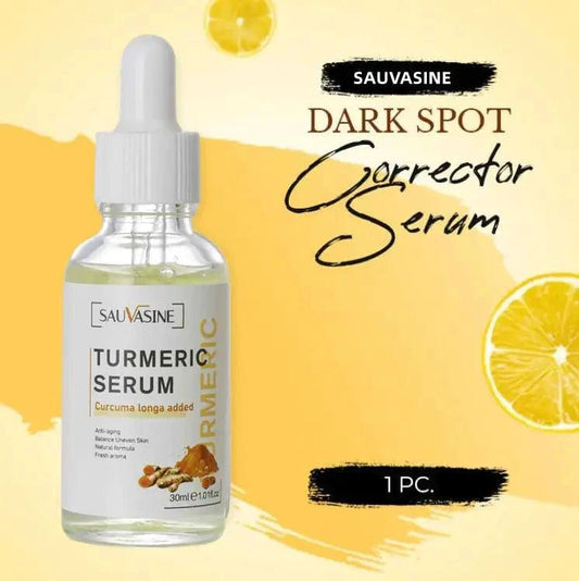 Mandotos BrightGlow Turmeric Radiance Serum bottle with gold cap and fresh turmeric root, showcasing natural skincare ingredients.