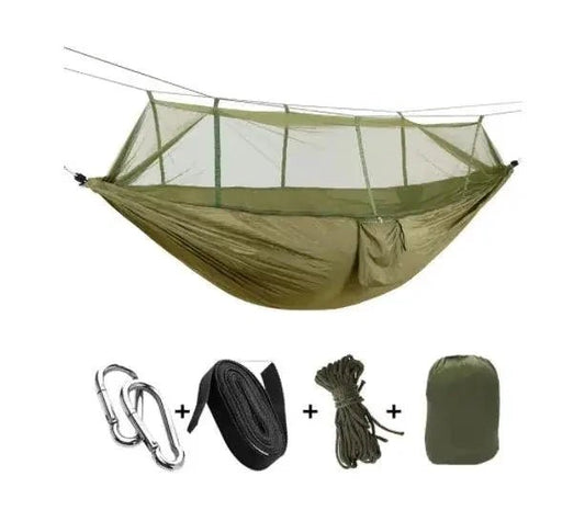 Mandotos Bug-Free Camp Hammock made of durable 210T nylon fabric with insect-proof mesh for outdoor relaxation.