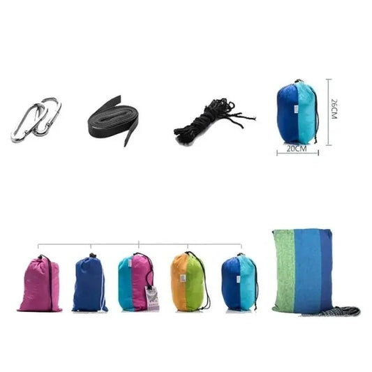 Mandotos bug-free camp hammock made of durable 210T nylon fabric, designed to keep insects away for peaceful outdoor relaxation.