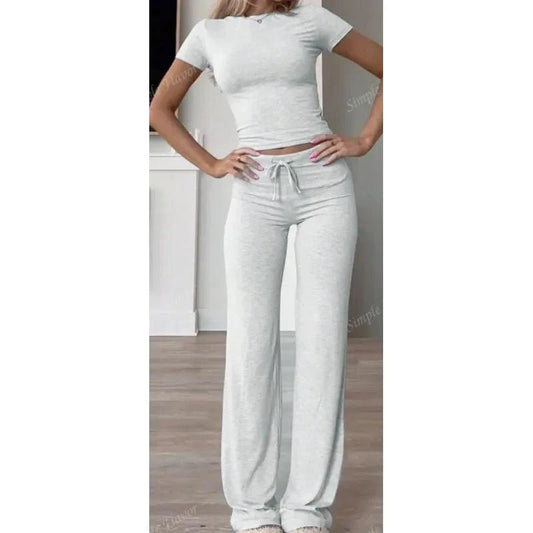 Mandotos casual solid 2-piece T-shirt and pants set for women, featuring a comfortable, relaxed fit in neutral colors.