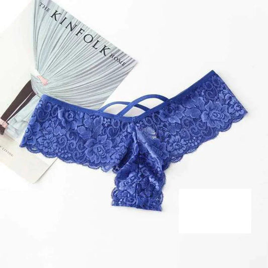 Set of four MANDOTOS lace G-string panties for women, featuring delicate floral lace and minimal coverage in a chic design.