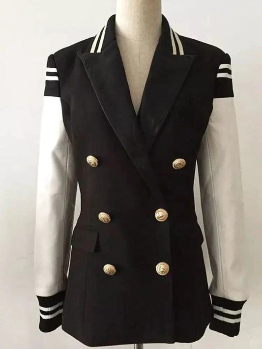Mandotos chic leather blazer coat with tailored fit, featuring a sleek design and classic lapel, perfect for stylish outerwear.
