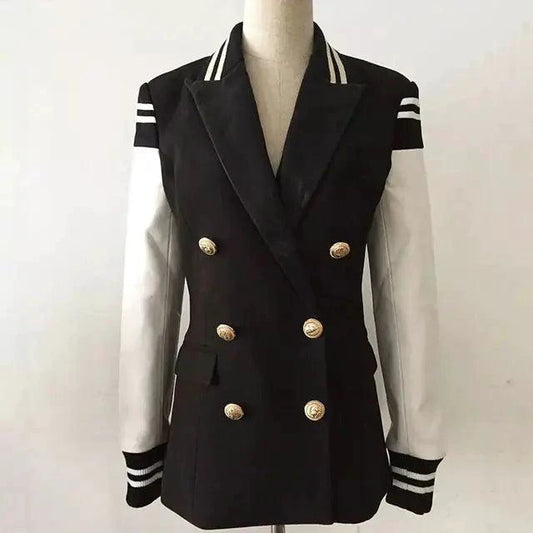 Mandotos chic leather blazer coat featuring a tailored fit, lapel collar, and sleek design perfect for stylish outerwear.
