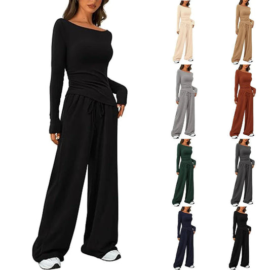 Mandotos chic long-sleeve trousers set featuring a stylish top and matching pants, perfect for casual or semi-formal wear.