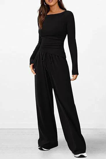 Mandotos chic long-sleeve trousers set featuring a stylish top and matching pants, perfect for modern casual wear.