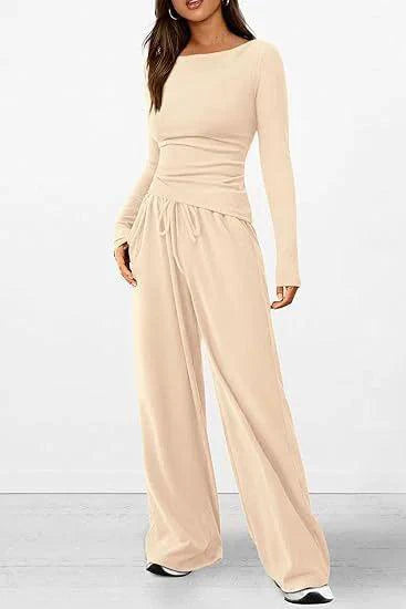 Mandotos chic long-sleeve trousers set featuring a stylish top and matching pants, perfect for casual or semi-formal wear.