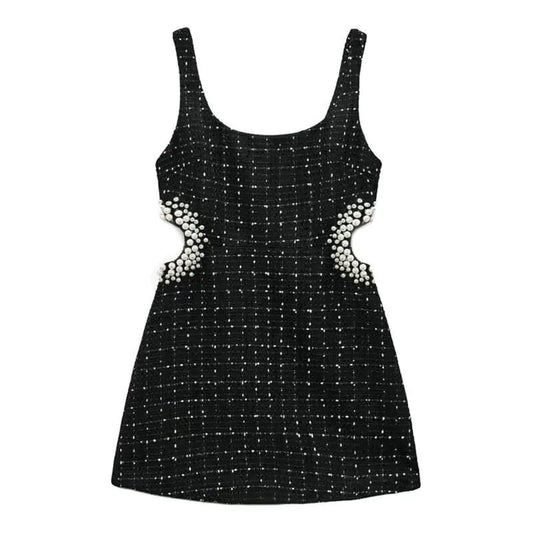 Mandotos chic off-shoulder mini dress showcasing a stylish, fitted design with short sleeves and a flared hem.