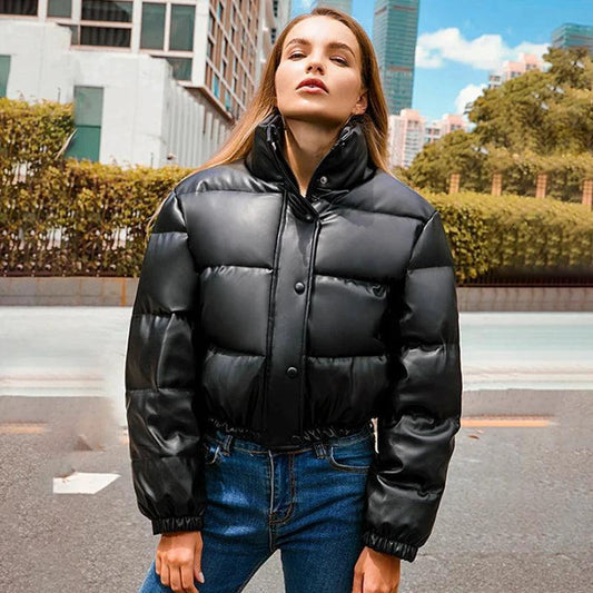 Mandotos chic winter PU leather jacket featuring a stylish design with a front zipper and trendy collar for a modern look.