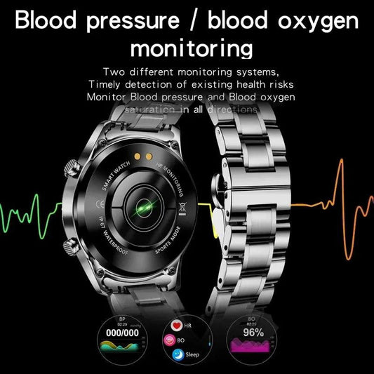 Mandotos Circle Elite Smart Watch with round display, fitness tracking, and sleek black band.