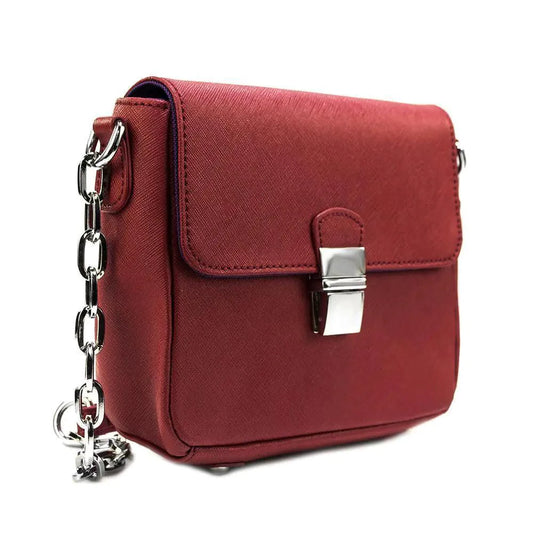 Mandotos compact leather crossbody handbag in Cabernet with adjustable strap and gold-tone hardware.