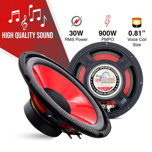Mandotos CoreBass 6-inch 300W car subwoofer showing black speaker with mounting frame and wires for car audio system