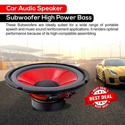 Mandotos CoreBass 6-inch 300W car subwoofer showing a black speaker with mounting brackets and wiring connections.