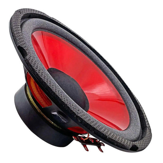 Mandotos CoreBass 6-inch 300W car subwoofer showing black speaker with mounting frame and wiring for enhanced bass sound.