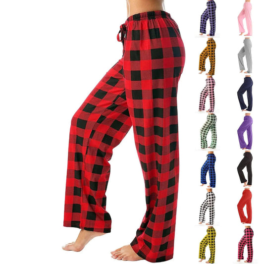 Mandotos cozy buffalo plaid cotton pajama pants with an elastic waistband, soft plaid pattern, perfect for comfortable lounging.