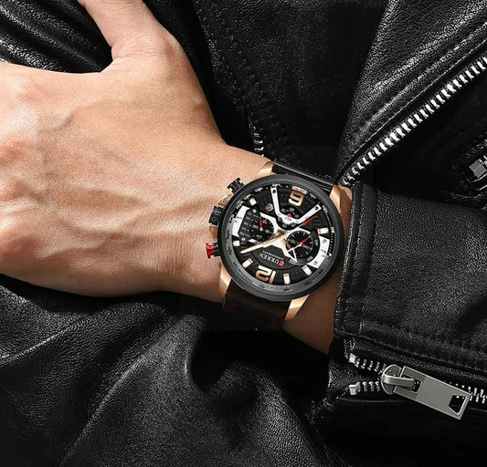 Mandotos Curren Chono 2022 Lux-Watch with black leather strap, silver dial, and chronograph features displayed on a wrist.
