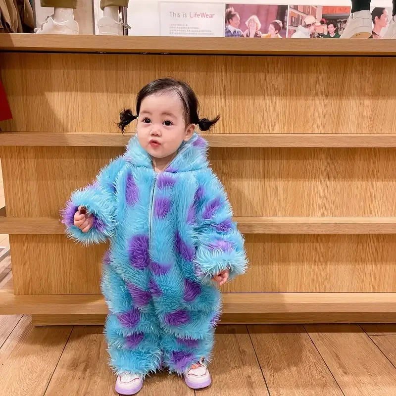 Mandotos cute animal baby jumpsuit with hood and zipper, soft and cozy for infants, featuring adorable animal design and front closure.