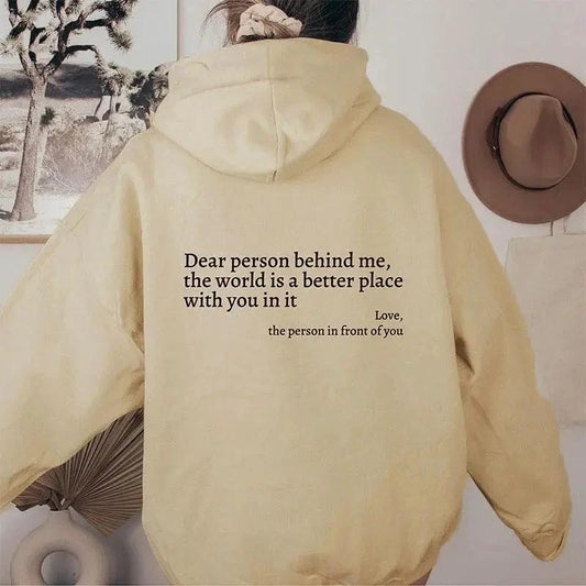 Mandotos women's plush hoodie with letter print, kangaroo pocket, drawstring hood, featuring heartfelt message, unisex trendy design.