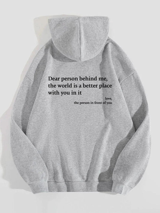 Women’s plush hoodie with letter print and kangaroo pocket, featuring a heartfelt message, by MANDOTOS, unisex trendy casual wear.