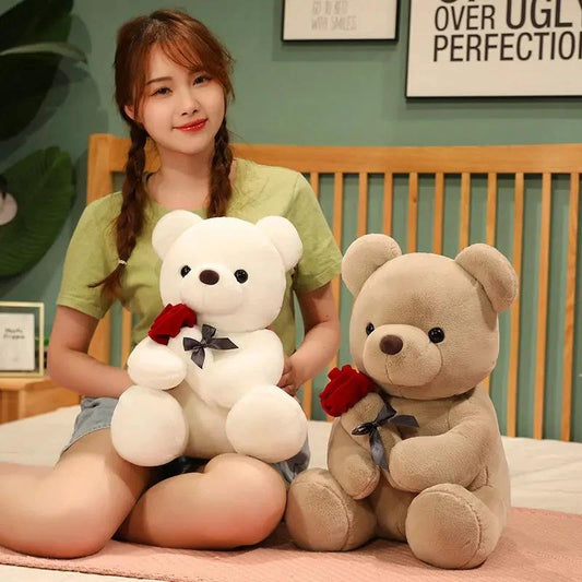 Mandotos 23-45cm plush teddy bear with hug roses design, soft stuffed animal pillow perfect for birthday or Valentine's Day gift