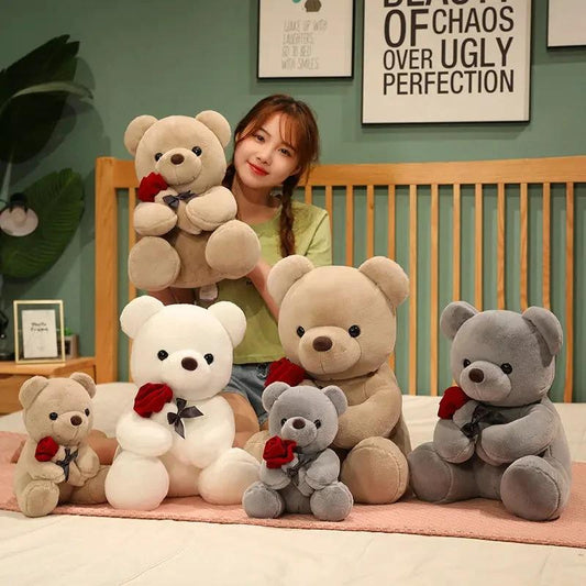 Mandotos 23-45cm plush teddy bear with hug roses design, soft stuffed animal pillow perfect for birthdays and Valentine's Day gifts