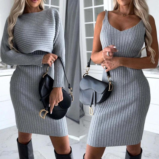Mandotos women's 2-piece suit with solid stripe long-sleeved top and tight suspender skirt for autumn winter fashion.