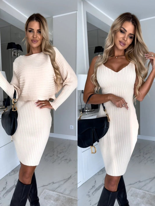 Mandotos women's 2-piece suit with solid stripe long-sleeved top and tight suspender skirt, suitable for autumn and winter fashion.