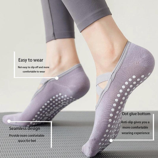 Mandotos women's yoga socks with non-slip grips and straps, designed for Pilates, ballet, dance, and barefoot workouts.